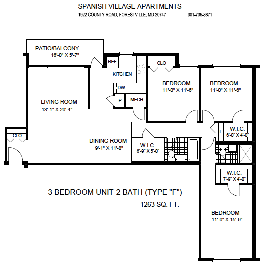 3 Bedroom – 2 Baths (Type F) floor plan diagram